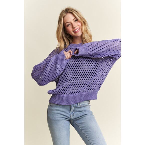 ADORA Round Neck Long Sleeves Lurex Crochet Detail Openwork Csual Top | Purple - Picture 2 of 6